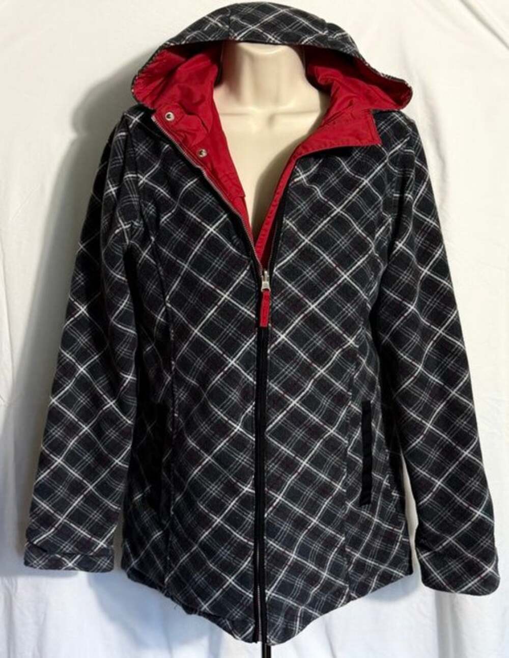 Vintage Izod Ladies Reversible Hooded All Weather Coat Red/Grey Plaid XS Fall